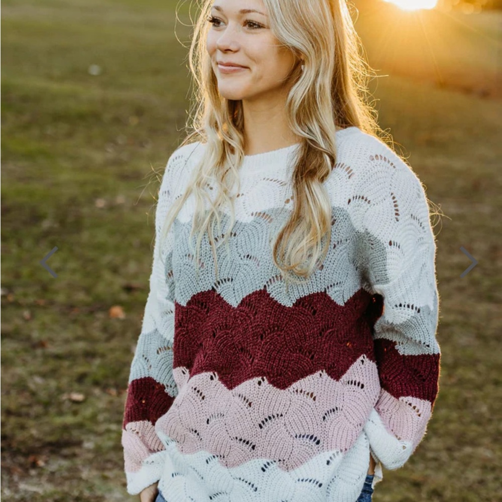 BiBi Textured Knit Sweater in Burgundy, Pink, Gray and White
